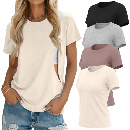 Oakgarden 4 Pack Nursing Breastfeeding Shirts - color: Cream, Dusty Purple, Light Gray, Black, size: Medium