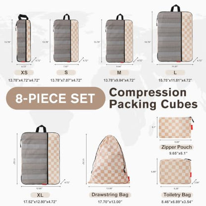 U+U 8 Set Compression Packing Cubes - Ultralight Travel Organizers - color: Khaki Checkered, size: 8 Set