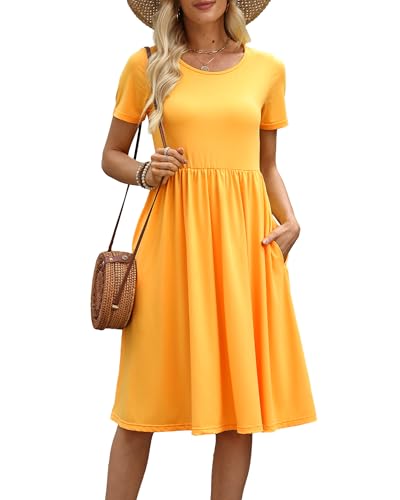 COSSEN Women's 2026 Summer Midi Dress Crew Neck Short Sleeve - color: B02-yellow, size: X-Large