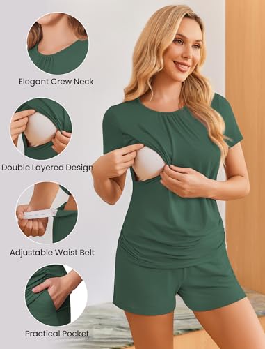 Ekouaer Maternity Nursing Pajamas Set 3 Piece Postpartum Breastfeeding Pjs - color: Dark Green, size: XX-Large