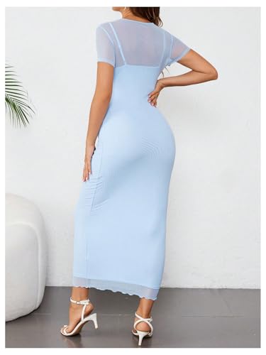 OYOANGLE Women's Maternity Sheer Short Sleeve Bodycon Dresses - color: Light Blue, size: Small