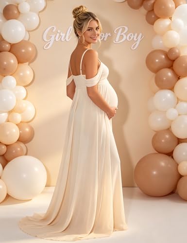 Maternity Maxi Dress Off Shoulder Strap Chiffon Baby Shower Gown - size: Small