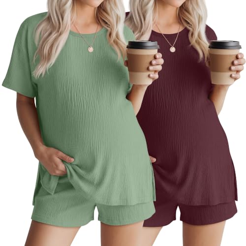 Riyiper 4 Pcs 100% Cotton Maternity Pajamas Sets - color: Green, Wine Red, size: Small