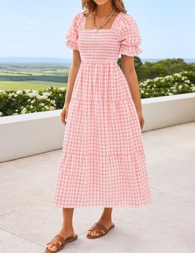 ZESICA Women's Summer Boho Gingham Puff Sleeve Square Neck Beach Midi Dress - color: Pink, size: Medium