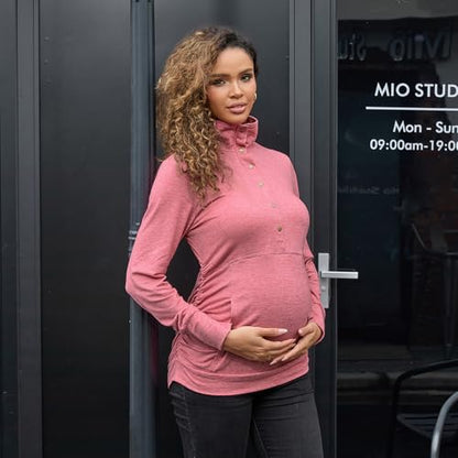 Bhome Maternity Shirt Casual Long Sleeve Half Button Front Lightweight Sweatshirts Slim Fit Pullover Tops with Pockets - color: Rose Red, size: Small
