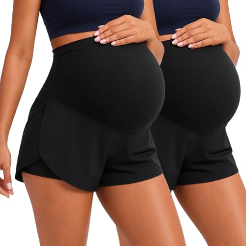 Coume 2 Pack Maternity Yoga Shorts Over Belly Pockets - color: Black/Black, size: Large