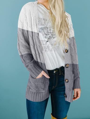 ZESICA Long Sleeve Button Down Open Front Cable Knit Cardigan Sweaters - color: Middlegrey, size: Large