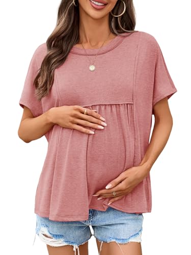 Tankaneo Womens Maternity Tops Batwing Short Sleeve Pregnancy T Shirts - color: Brick Red, size: Medium
