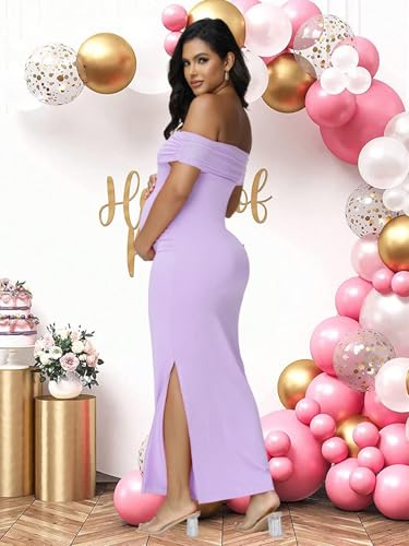 Women's Maternity Mesh Off Shoulder Party Long Dress Baby Shower - color: Violet, size: X-Large