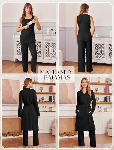 Maternity Sets Labor and Delivery Gown Postpartum Essentials Nursing Pajama - color: Black, size: Large