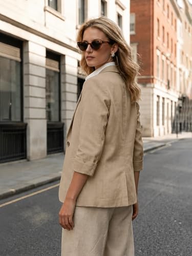 IDEALSANXUN Linen Blazer Women 3/4 Sleeve Lightweight Spring Summer Blazer Jackets - color: Dark Khaki, size: Medium