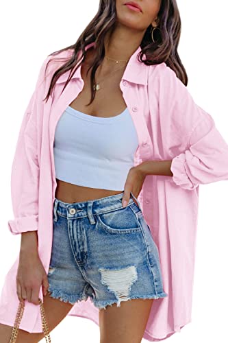 FSHAOES Womens Oversized Button Down Shirts Casual Loose Long Sleeve Solid Lapel Long Blouses Tops with Pockets - color: 05-light Pink, size: X-Large