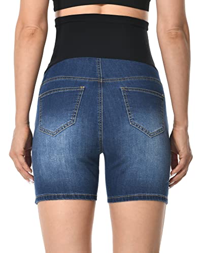 V VOCNI Maternity Jean Shorts Over The Belly Mid Thigh - color: 50-a-dark Blue, size: Medium