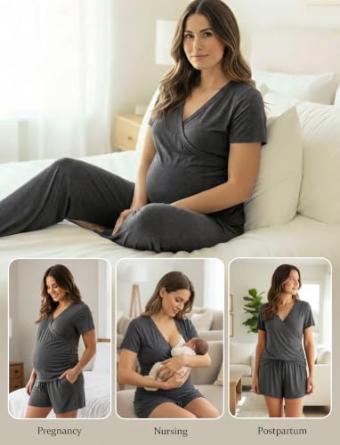 PATPAT 3-Piece Maternity Nursing Pajamas, Womens Lounge Set with Pockets - color: Dark Gray, size: Medium