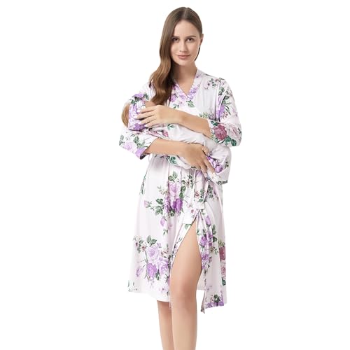 Galabloomer Maternity Robe and Receiving Blanket, Matching Mommy Labor Robe - color: Purple Rose, size: Medium