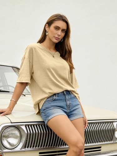 UNCLECAT Womens Oversized T Shirts Summer Trendy Short Sleeve Loose Fit Tee - color: Apricot, size: 3X-Large