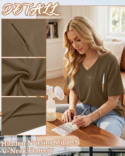 4 Pack Women's Nursing Short Sleeve Shirts - color: Khaki, Light Brown, Light Gray, Black, size: Large