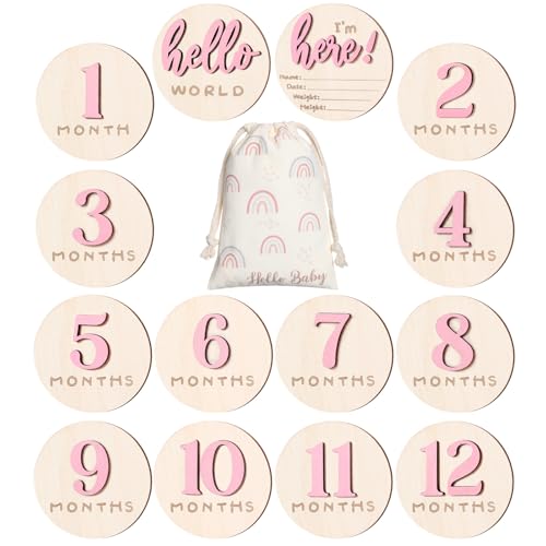 Baby Monthly Milestone Announcement Signs Wood,Pink,Number - color: Pink, style: Number