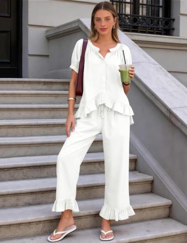 COZYPOIN Womens Cotton Pajamas Set Cute Ruffle Pjs - color: White, size: Medium