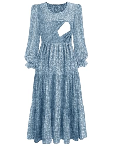 CzzzyL Women's Nursing Dress Smocked Bodice Ruched Midi with Pockets - color: Floralblue, size: Large