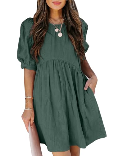 Dokotoo Womens Summer Crewneck Puff Sleeve Babydoll Mini Dress - color: 1 Green, size: Medium