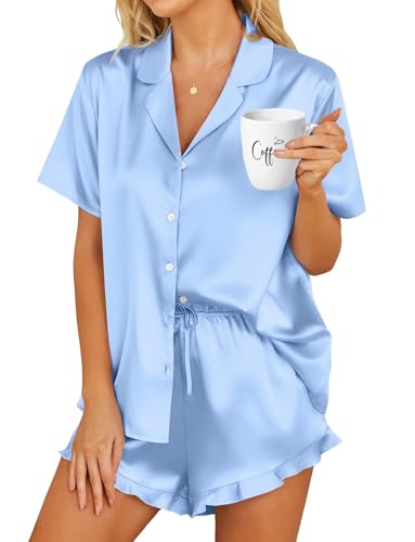 HOTOUCH Womens Satin Pajamas Set Button Down 2 Piece Ruffle Shorts Set - color: Sky Blue, size: X-Large