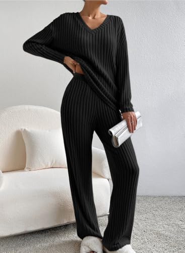 SHEWIN Women's Pajama Sets Ribbed Knit 2 Piece Lounge Sets - color: B Black, size: Large