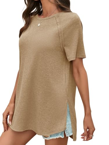Cicy Bell Womens Short Sleeve Tunic Tops Crew Neck Side Split T Shirts - color: Khaki, size: Small