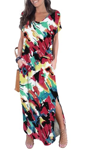 GRECERELLE Women's Summer Maxi Dress Casual Loose V Neck Short Sleeve Side Split Long Dresses with Functional Pockets - color: White Ink Red, size: Medium