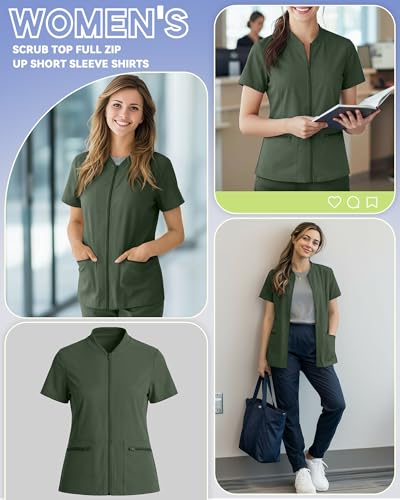 Oakgarden Womens Scrub Top Short Sleeve Nurse Shirts - color: Army Green, size: Medium