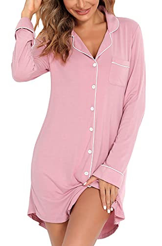 Samring Nightgowns for Women Long Sleeve Button Down Night Gown Sleepshirts - color: Bean Paste, size: Small