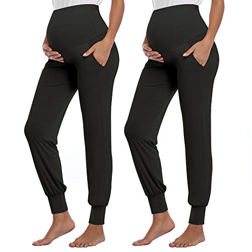 AMPOSH Women's Maternity Pants Stretchy Lounge Workout Sweatpants Casual Loose Comfy Pregnancy Joggers with Pockets - color: Black/Black, size: X-Large