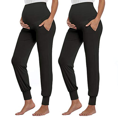AMPOSH Women's Maternity Pants Stretchy Lounge Workout Sweatpants Casual Loose Comfy Pregnancy Joggers with Pockets - color: Black/Black, size: X-Large