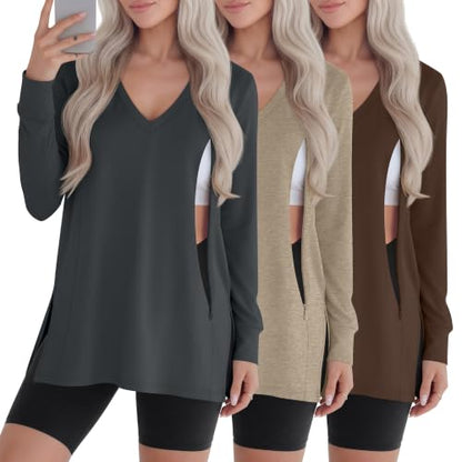 3 Pack Women's Nursing Breastfeeding Long Sleeve Shirts - color: Dark Gray, Light Camel, Dark Brown, size: Medium