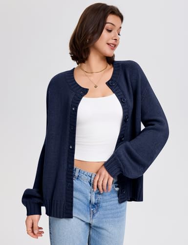LOMON Womens Chunky Knit Cardigan Oversized Button Front Trend Sweater Tops - color: Navy Blue, size: X-Large
