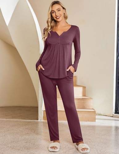 Ekouaer Maternity Nursing Pajama Set Long Sleeve Postpartum Pjs Mom Clothes - color: Burgundy, size: Small
