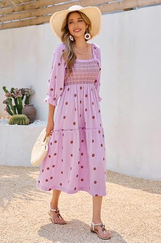 R.Vivimos Women's Cotton Floral Embroidered Boho Midi Dress with Pockets - color: Lightpurple, size: Medium