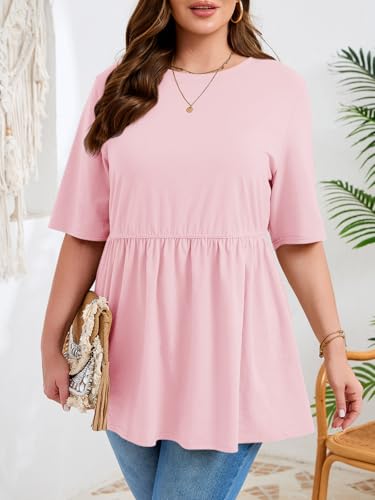 Beautife Womens Plus Size Babydoll Tops Summer Peplum Flowy Tunic Blouses - color: Pink, size: 3X-Large Plus