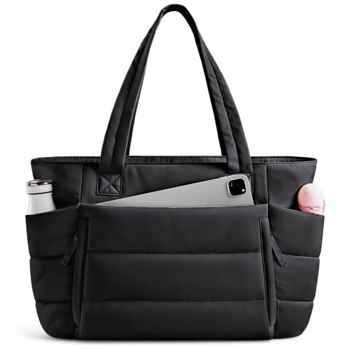 Uselike Tote Bag for Women with Zipper, Quilted Puffer Tote Bag with Compartments, Lightweight Puffy Work Bags for Women - color: Black