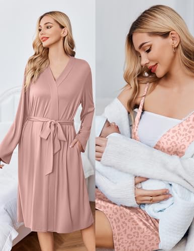 Ekouaer Nursing Nightgown and Maternity Robe Set Labor and Delivery Gown - color: Leopard Pink, size: X-Large