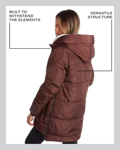 Steve Madden Womens Winter Jacket, Midlength Puffer Parka Coat, Sherpa Hood - color: Brown, size: X-Large