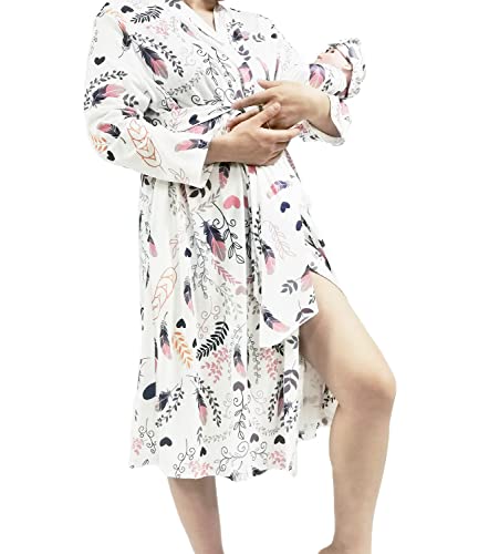 SUFEINI Maternity Robe with Matching Swaddle Set, Mommy Me Swaddle Set Maternity Bathrobe Labor Nursing Delivery Gown - color: B09-feather, size: Medium