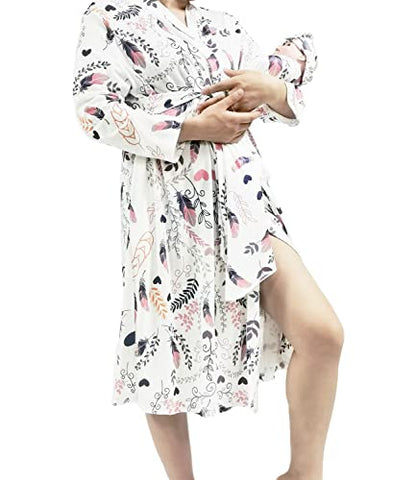 SUFEINI Maternity Robe with Matching Swaddle Set, Mommy Me Swaddle Set Maternity Bathrobe Labor Nursing Delivery Gown - color: B09-feather, size: Medium