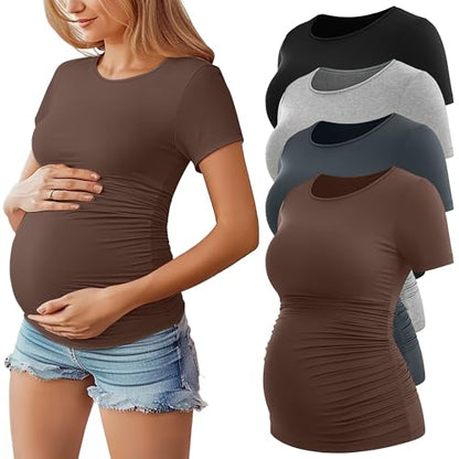 Huukeay 4 Pack Women's Short Sleeve Maternity Tops - color: Coffee, Dark Gray, Light Heather Gray, Black, size: Small