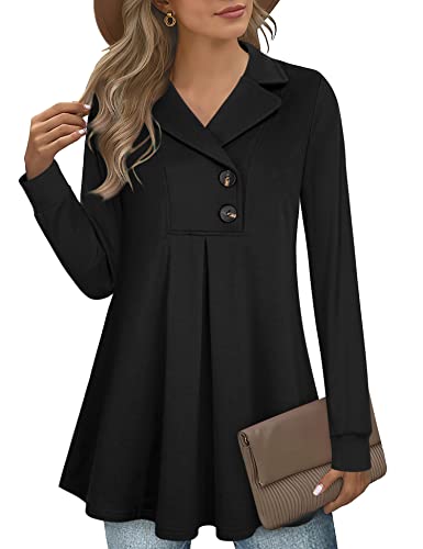 Gaharu Women's Swing Tunic Notch Collar Ladies Button Sweatshirt Long Sleeve Pullover Shirt Tops - color: Black, size: Medium