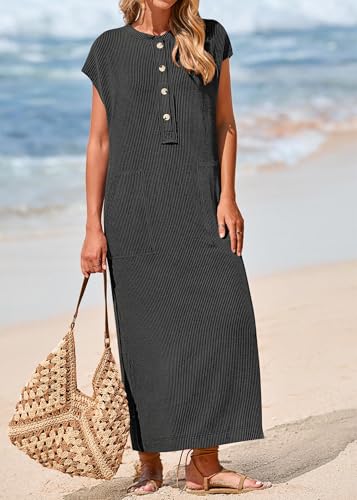 KIRUNDO Womens Summer Ribbed Knit Short Sleeve Maxi Dress - color: Black, size: XX-Large