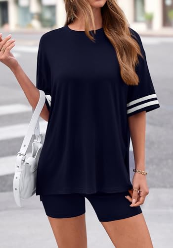 KIRUNDO 2 Piece Sets for Women Summer Lounge Set - color: Navy Blue, size: Small
