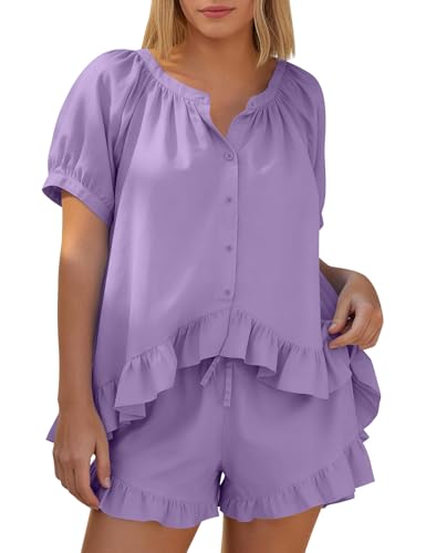 Kissonic Womens Pajamas Set 2 Piece Cotton Ruffle Summer Shorts Sets - color: Purple, size: Medium