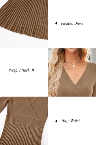 OUGES Women's Fall Maternity Dress for Photoshoot Long Sleeve Wrap V Neck Pleated Baby Shower Sweater Midi Dresses 2026 - color: Camel, size: XX-Large