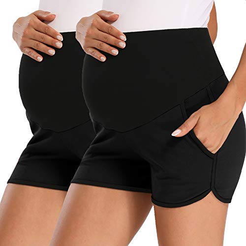 fitglam Women's Maternity Shorts Over Belly Pregnancy Lounge Workout Running Pajama Sleep Shorts with Pockets - color: A02 Black/Black, size: X-Large